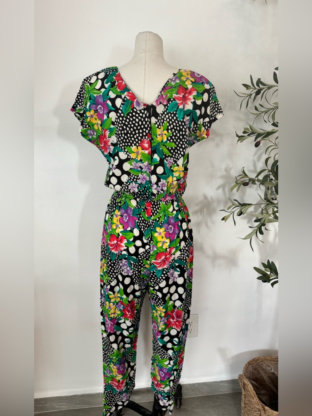 L.A. Gal Vintage Floral Polka Dot Jumpsuit Size 9/10 Padded Shoulders Retro 80s - Picture 2 of 9